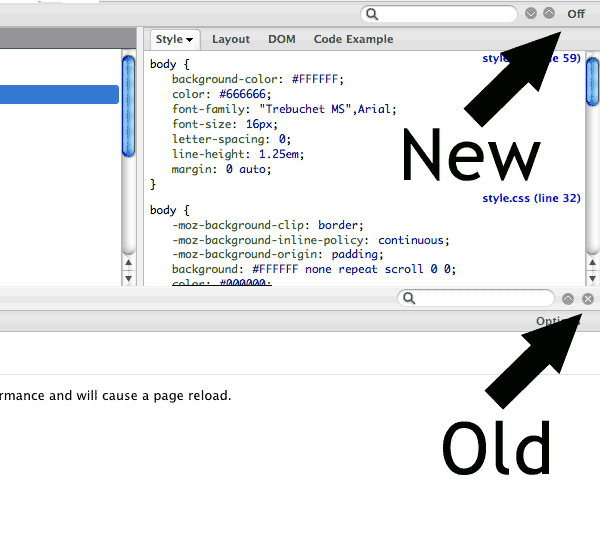 Screenshot of Firebug 1.4 vs the older 1.3 interface.